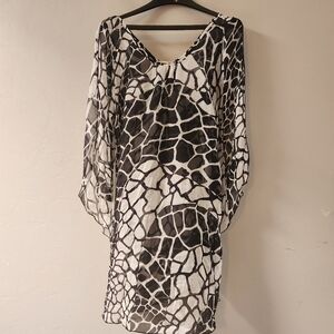 Sofia Black White Silk Dress Giraffe Sheer Animal Print Cold Shoulder Lightweigh